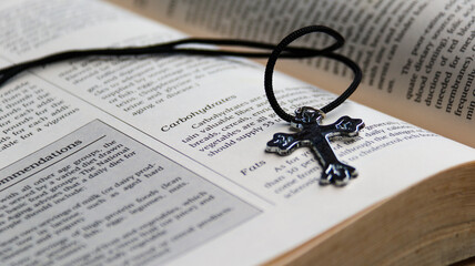 Shiny metal cross with black sling on old book to  recall the kindness of Jesus Christ for all of Christian                    