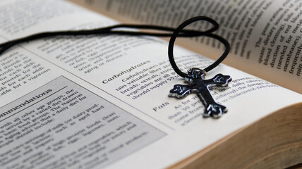 Shiny metal cross with black sling on old book to  recall the kindness of Jesus Christ for all of...