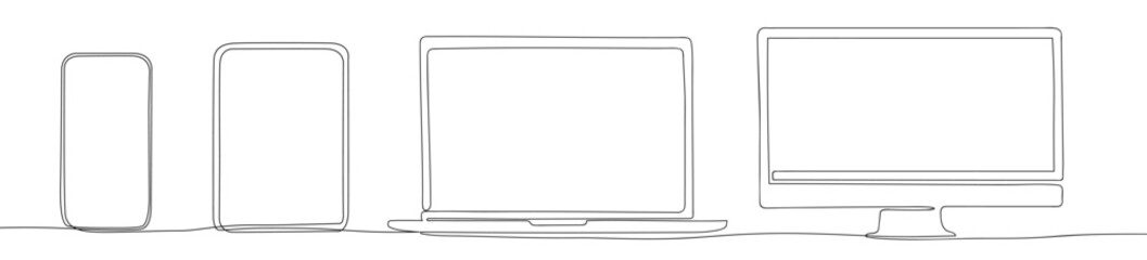One line screen mockup devices. Monitor smartphone, tablet, laptop and computer. Continuous line style. Vector set.