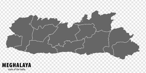 Blank map State  Meghalaya of India. High quality map Meghalaya with municipalities on transparent background for your web site design, logo, app, UI. Republic of India.  EPS10.