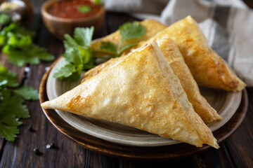 Asian food. Vegetarian samsa (samosas) with tomato sauce on a wooden table. Popular in Indonesia as Risoles Sayur.