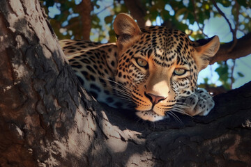 Fototapeta premium Beautiful Leopard Rest on a Tree Branch extreme closeup. Generative AI