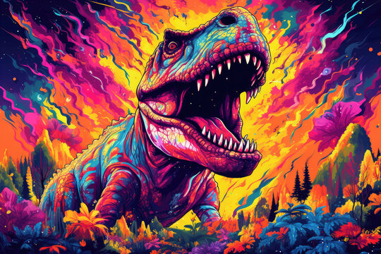 Cartoon Pop Art Psychedelic Dinosaur on a black background. Generative AI
