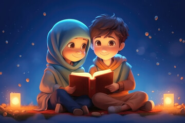 Cartoon Cute Girl and Boy Reading a Fairytale Magic Book Under the Magical Night Sky extreme closeup. Generative AI