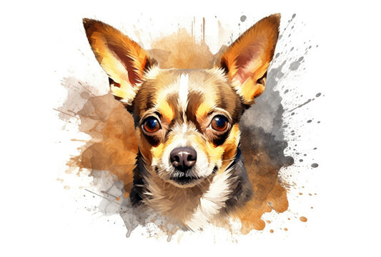 Watercolor Dog Pet Breed Chihuahua Portrait on a white background. Generative AI