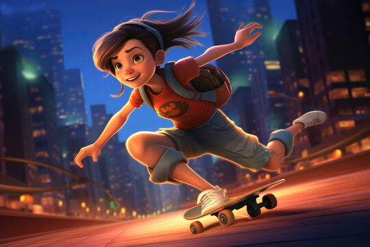 Beautiful Cute Cartoon Girl Riding a Skateboard extreme closeup. Generative AI