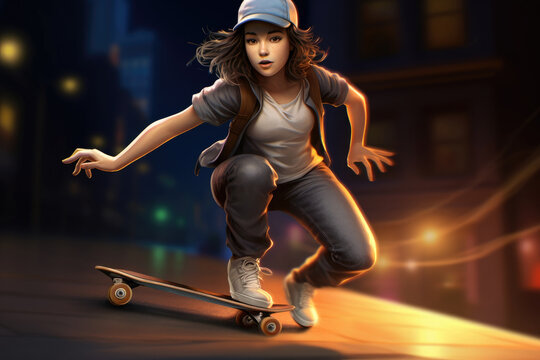 Beautiful Cute Cartoon Girl Riding a Skateboard extreme closeup. Generative AI