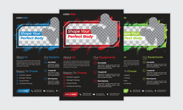 Gym / Fitness flyer template design set for business promotional purposes. Black background with red, blue and green accents. Vector design with place for photo, a4 size layout, new style.