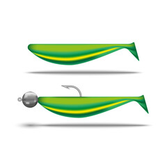 Set of silicone fish, green soft plastic jig lure for fishing, hook and sinker and rigless fish bait, realistic 3d vector object isolated on white background.