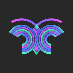 Butterfly logo made of layers circular stripes of vibrant paper on dark background, insect bright gradient with shadows, fashion emblem for t-shirt print or sticker creative design.