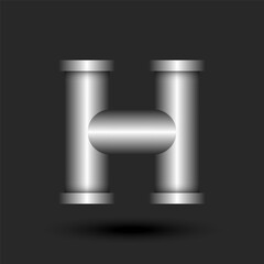 Letter H logo monogram 3d metallic line pipe construction with flanges shape, silver colored creative typography identity, industrial logotype tech design.