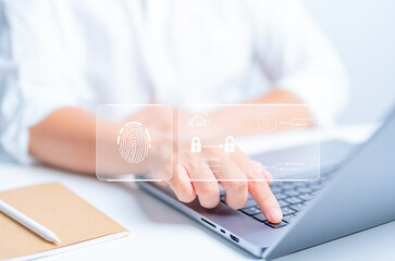 Businessman using fingerprint scanning and identity authentication. Processing of biometrics to access personal data. Surveillance and security scanning of digital assets for futuristic applications.