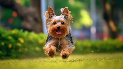 Illustration of a playful Yorkshire Terrier running through a meadow created with Generative AI technology