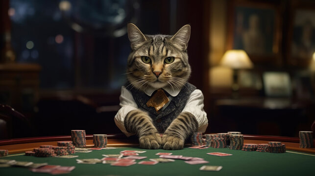 A portrait croupier cat in a suit sits at a playing table in a casino, gambling, poker for money, leisure. AI generated.