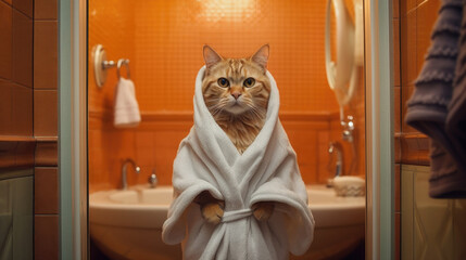 Funny cat in the bathroom, preparing to bathe, hygiene procedures, washing with water. Portrait of a red serious cat in a bathrobe. AI generated. - obrazy, fototapety, plakaty