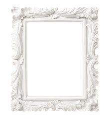 white ornate antique picture or photo frame isolated over a transparent background, cut-out empty / blank gallery, exhibition or product / poster / postcard display design element, PNG - 609667930