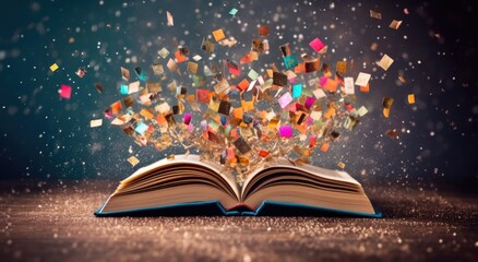 a book blowing with confetti flying over a blue background, ai generative