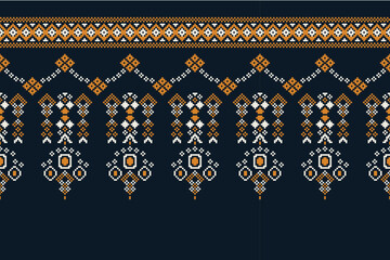 Ethnic geometric fabric pattern Cross Stitch.Ikat embroidery Ethnic oriental Pixel pattern navy blue background. Abstract,vector,illustration. Texture,clothing,scarf,decoration,motifs,silk wallpaper.