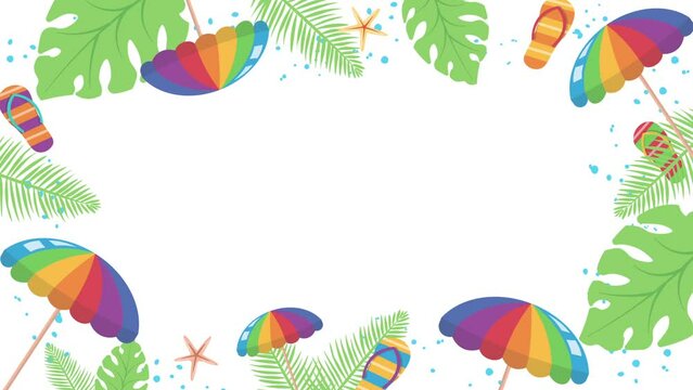 4k Animated Hello Summer Creative Banner Design Holiday Beach View with Colorful Umbrellas and starfish. Summer Frame Template Modern Animation for New Season Sale Fresh Palm Leaves and Sea Slippers