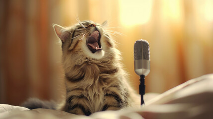 Funny cat singing into the microphone, vocal performance, stage star. Home rehearsal AI generated.