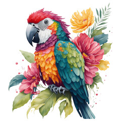 Fototapeta premium Watercolor colorful macaw parrot Clipart, South American parrot with tropical leaves and floral flower , Cute Parrot art transparent