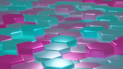 Abstract 3D background sci-fi hi-tech 80s retrowave seamless loop. Vaporwave synthwave videogame neon landscape with glowing cyan and pink hexagon texture. 4K 3D Render
