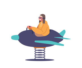 Child Character in Pilot Hat Enjoying The Thrill Of Swinging On Airplane-themed Spring-mounted Swings