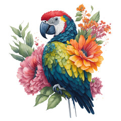 Fototapeta premium Watercolor colorful macaw parrot Clipart, South American parrot with tropical leaves and floral flower , Cute Parrot art transparent