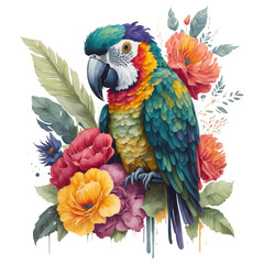 Obraz premium Watercolor colorful macaw parrot Clipart, South American parrot with tropical leaves and floral flower , Cute Parrot art transparent