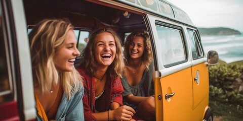 A group of friends laughing in a vintage van on a coastal road trip, concept of Adventurous spirit, created with Generative AI technology
