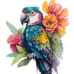 Watercolor colorful macaw parrot Clipart, South American parrot with tropical leaves and floral flower , Cute Parrot art transparent