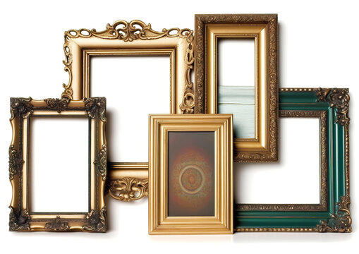 Set of empty photo frames, free space inside, isolated on white background. Wooden retro frames for further use. AI generated.