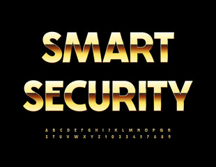 Vector business banner Smart Security. Gold shiny Font. Premium Alphabet Letters and Numbers set