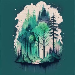 Illustration of a forest in the mountains on a green background. Generative AI