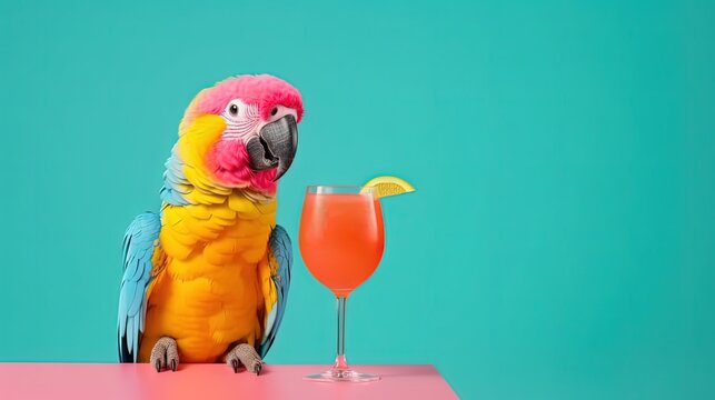 funny macaw with cocktail drink at beach, Generative Ai