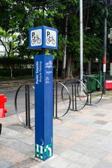 Jakarta, Indonesia, November 9, 2022: Bicycle parking facilities or bike racks at Jakarta MRT...
