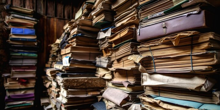 A stack of unsolved case files, symbolizing the issue of backlog and delay in the judiciary system, concept of Legal System Inefficiency, created with Generative AI technology