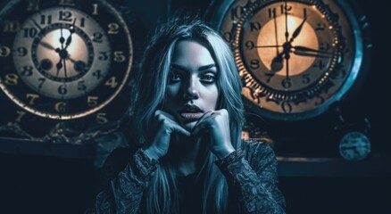 a young woman in dark covering a clock with her hands, ai generative