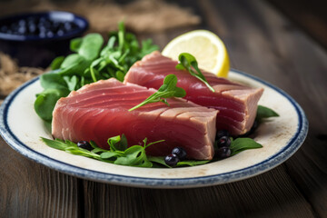 Plant-based seafood alternatives, fishless tuna are made from a blend of legumes, seaweed, and other plant-based ingredients. AI generative