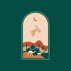 Islamic greeting Eid Adha Mubarak with modern boho design style. Silhouette mosque objects, camel, goat, date palms, crescent moons and mosque domes. Vector illustration