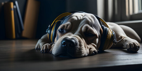 sleeping dog listening to music - illustration generated by ai - obrazy, fototapety, plakaty