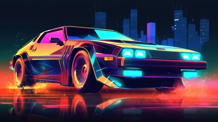 Neon-colored, powerful muscle car tearing through futuristic city at night inspired by Bladerunner Generative AI.