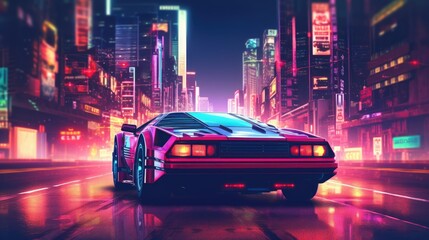 Neon-colored Blade Runner-style Sports Car at Night, Stylized Digital Art. Generative AI.
