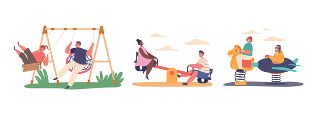 Children Characters Gleefully Swinging Back And Forth On Swings, Filled With Joy And Laughter, Vector Illustration