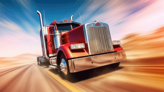 Stylized Big Rig Truck in Motion with Bold Colors and High Contrast. Generative AI.