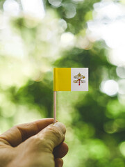 The Flag of Vatican City which is held in hand at the forest.