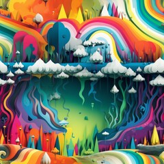 Rainbow Landscape Digital Paper, Seamless Rainbow Pattern, Multicolored Nature Texture, Vector Rainbow Print