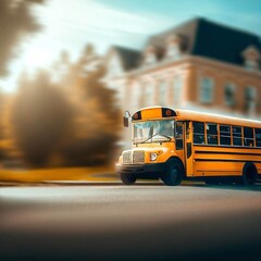 School bus with children rides around the city Generative AI