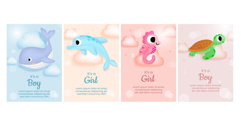 baby card theme fish, dolphin, turtle cute fun, happy
