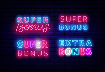 Fototapeta na wymiar Super bonus neon labels collection. Shiny typography. Extra bonus. Casino and lottery sign. Vector stock illustration